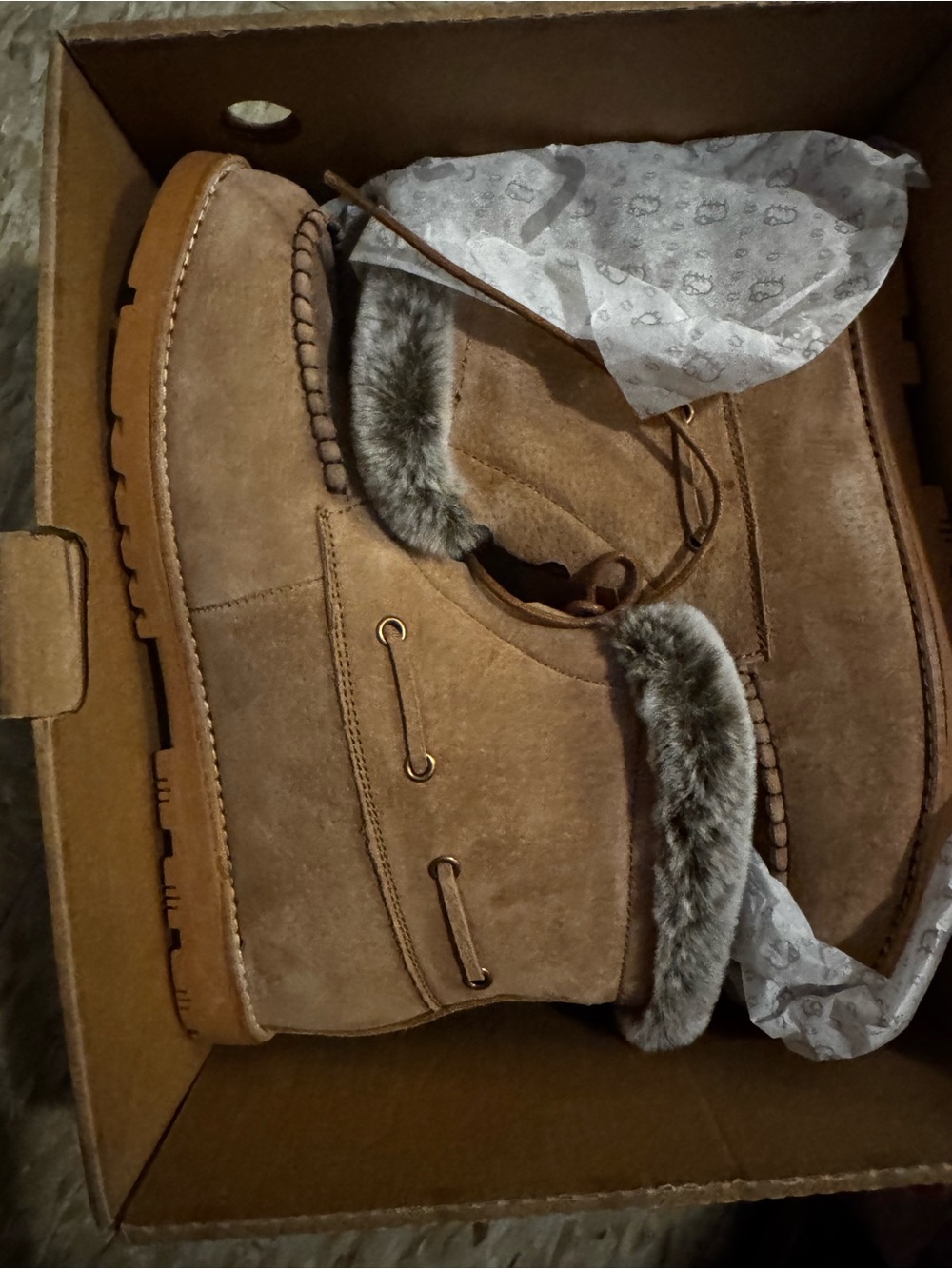 Lamo Tan Faux Fur Trim Suede Ankle Booties